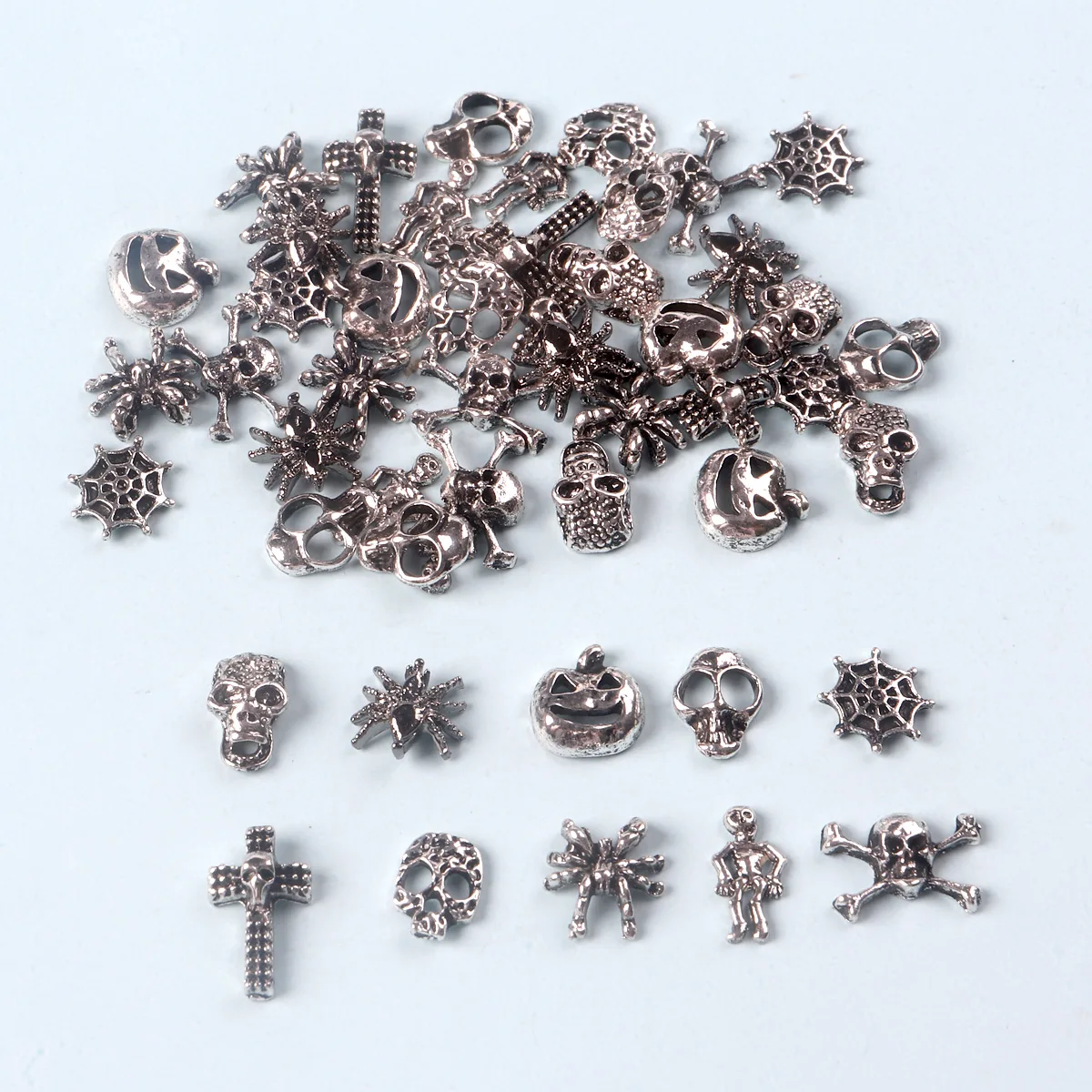 TSZS New 3D Vintage Halloween Charms for Nail 50pcs/bag Silver Cross Pumpkin Bat Gothic Retro Nail Art Charms