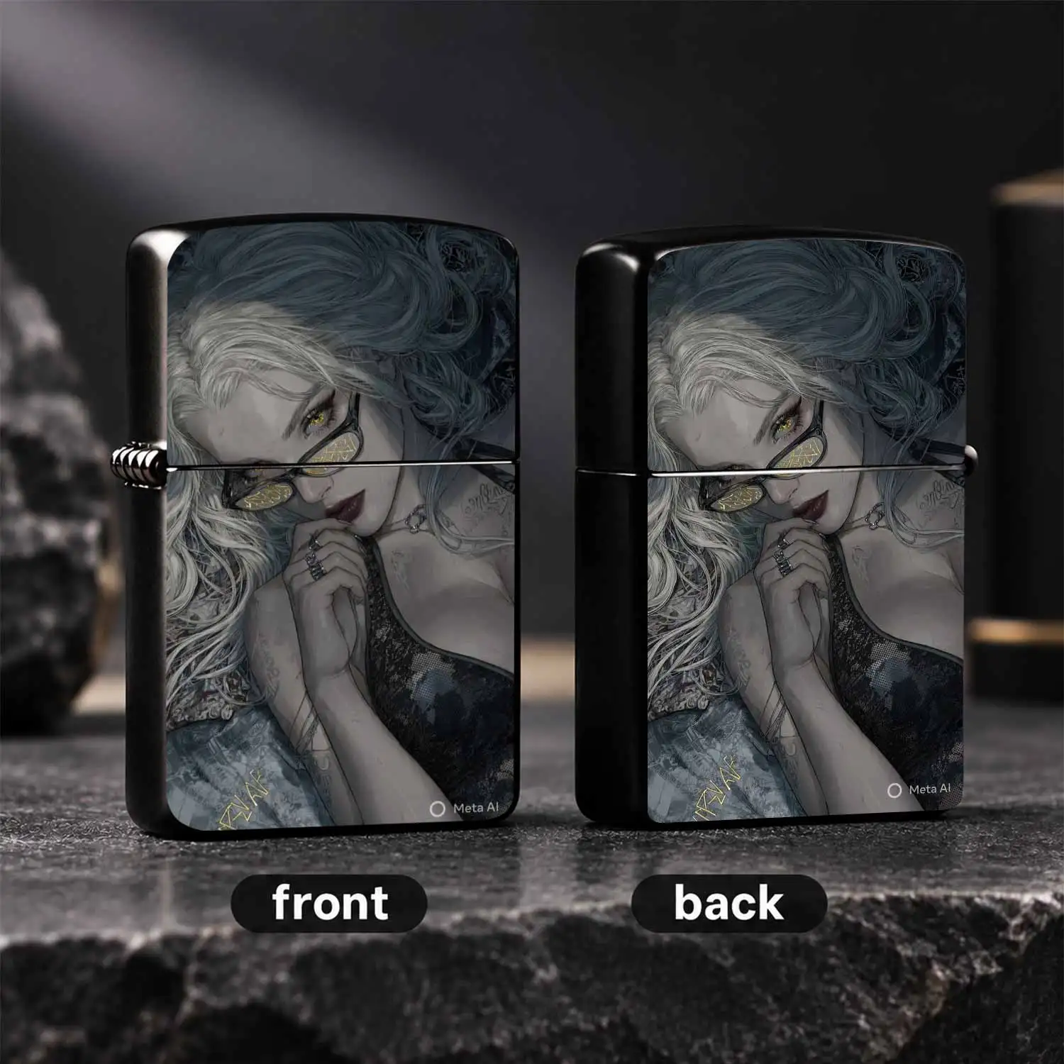 Vintage Exquisite With Cool Silver-Gray Curly Hair Golden Eyes Lady Art Print, Durable  Windproof, Unique Dark Cyber Character Pattern, Ideal Gift For Collectors, Portable Daily Use Igniter For Men Women A Fun And Humorous Lighter