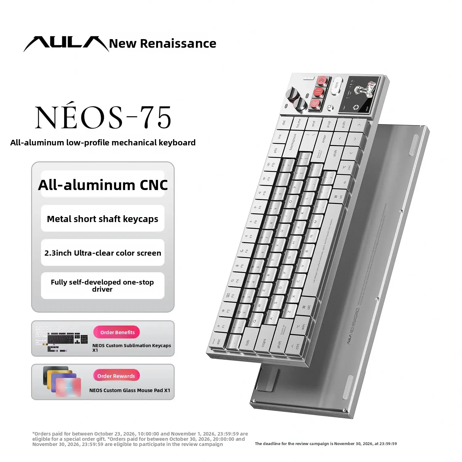 AULA Neos75 New Renaissance Low Profile Mechanical Keyboard Full Aluminum Alloy Wireless Tri-Mode Silent Office For Mac Laptop