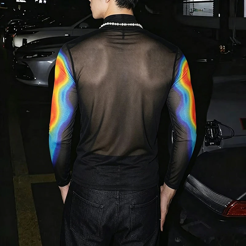 Herren-T-Shirt mit Stehkragen, Netzstoff, transparenten langen Ärmeln, Muskel-Print, durchsichtiges sexy Oberteil, Club-Party-Performance-Kostüm, schicke Kleidung – Detail 20