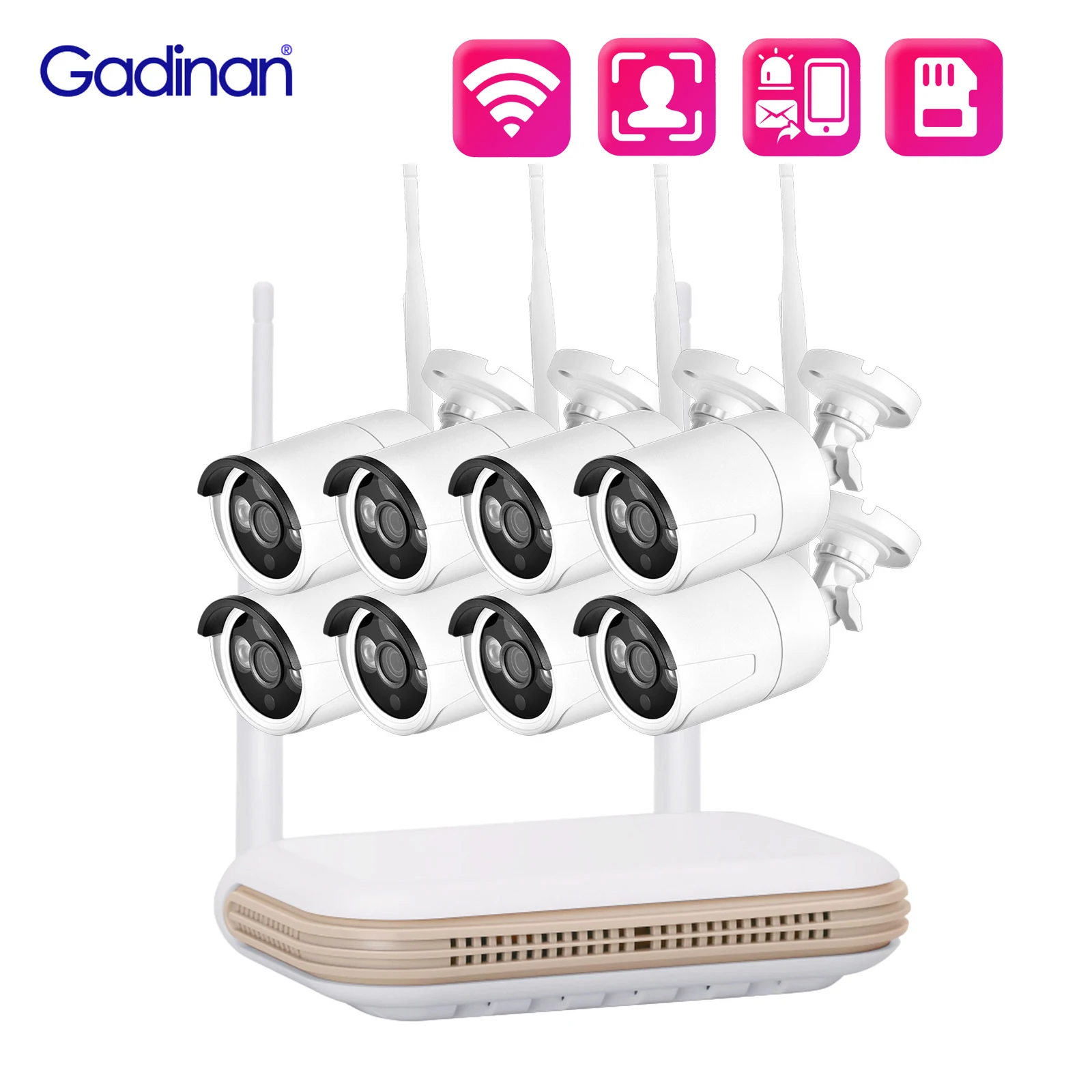 Gadinan 8CH CCTV Security Cameras System 3MP HD Audio Webcam H.265 Video Surveillance Kit Outdoor 2.4G/WiFi IP Camer POE NVR Set