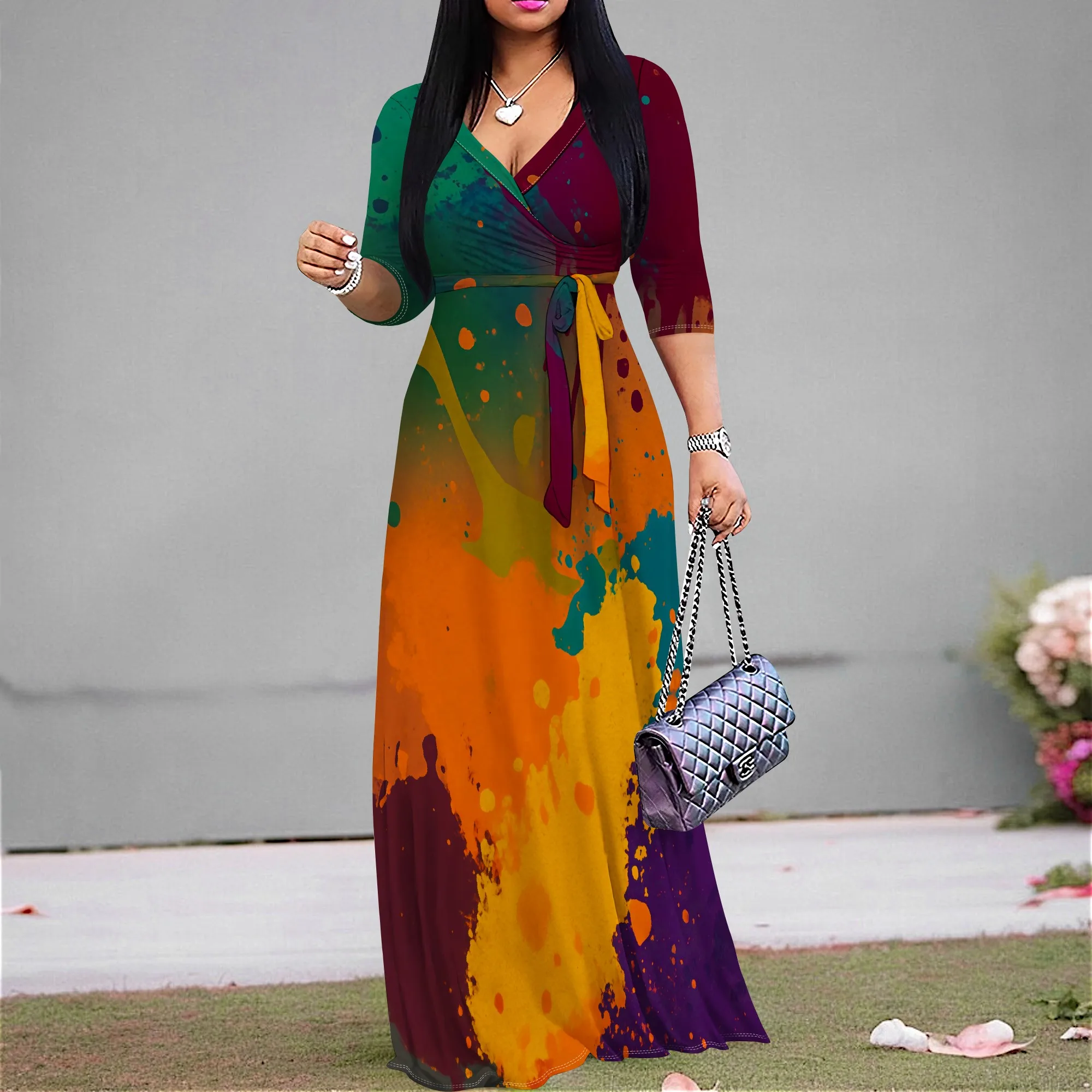 

Women's Elegant Wrap Maxi Dress V-Neck 3/4 Sleeve Abstract Print Party Wedding Guest Dress Plus Size XS-3XL