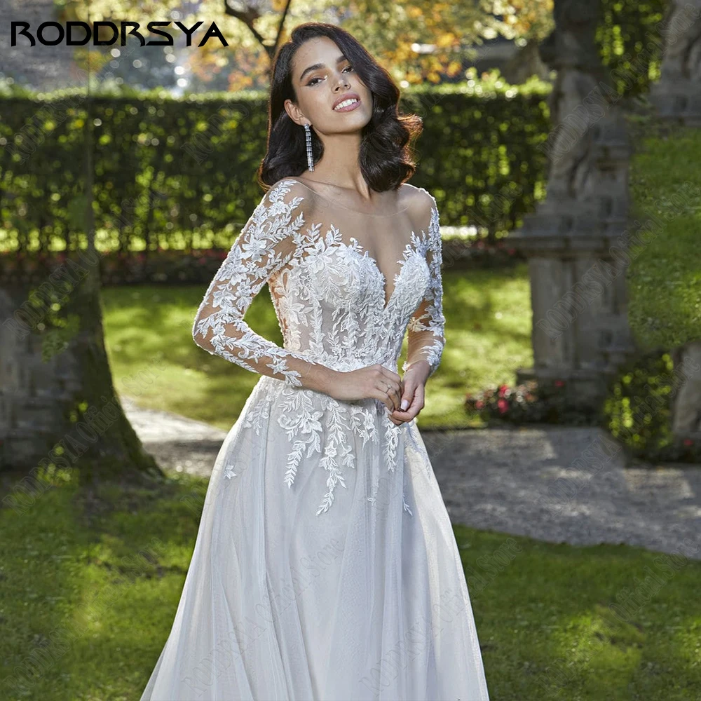 RODDRSYA gaun pernikahan elegan lengan panjang gaun pengantin punggung terbuka renda Applique A-Line leher-o Vestido De Noiva 2024 disesuaikan