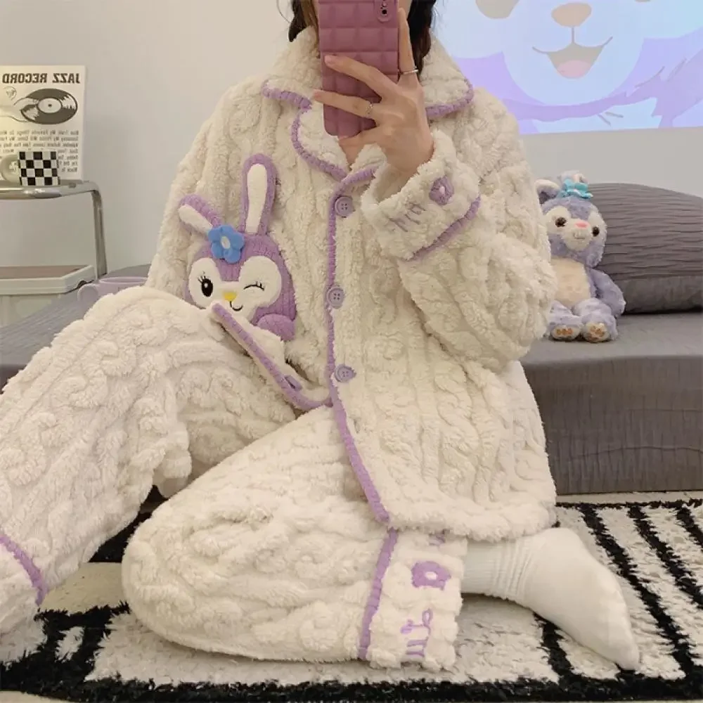 My Melody Winter Kawaii Women Pajamas Set Kuromi Sanrios Anime Cartoon Flannel Thicken Warm Nightwear Homewear Girls Tops Pants