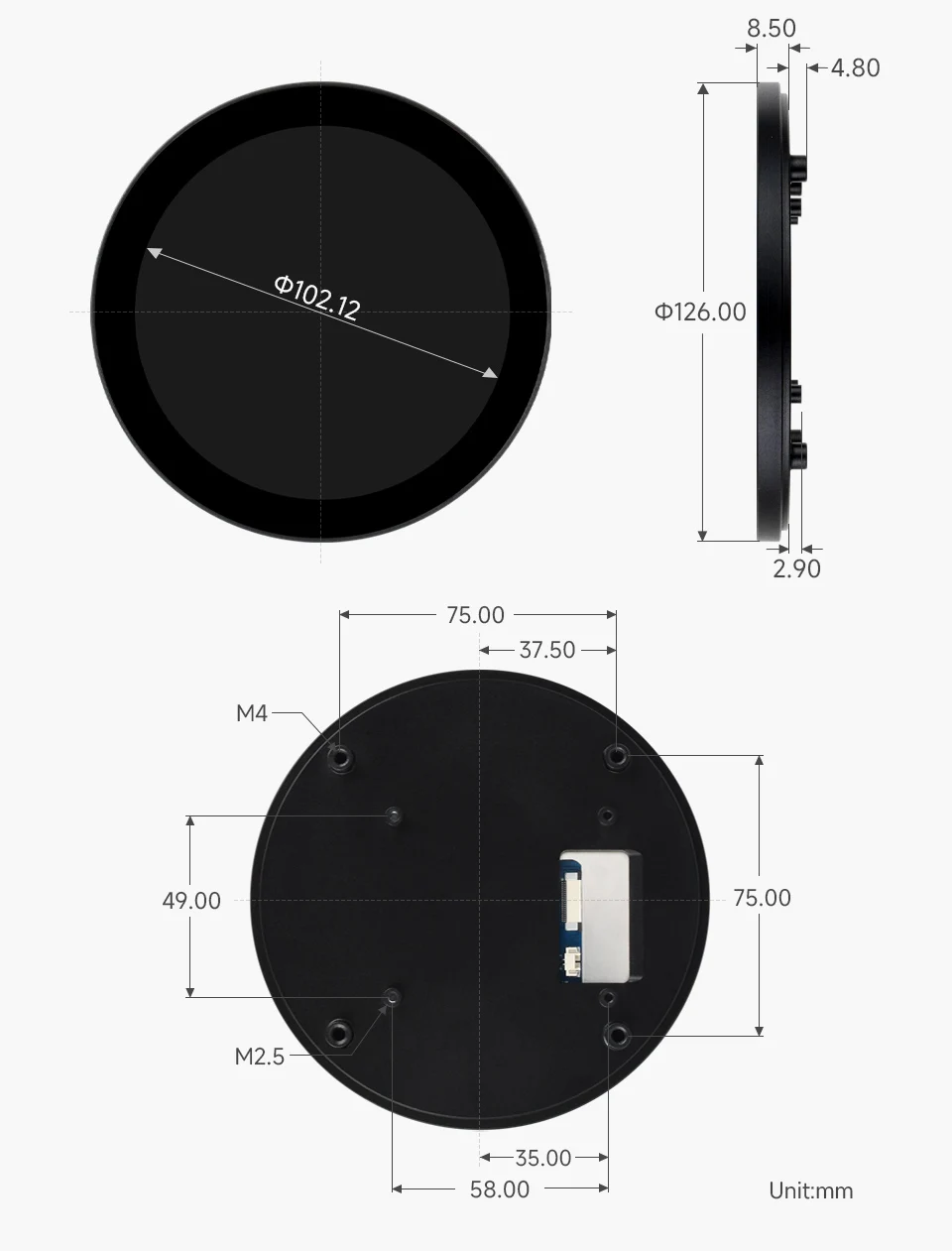 4-DSI-TOUCH-C,DSI Round Capacitive Touch Display, 720 × 720, IPS Display Panel, 10-Point Touch,Full Color,Supports Raspberry Pi