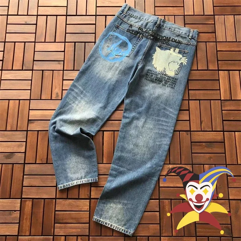 

Cactus Jack Jeans 1:1 High Quality Men Women Lightning Loose Embroidery Pattern Printed Washed Denim Pants