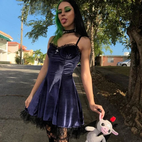 Minivestido gótico estilo Lolita para mujer, Vestidos Vintage de terciopelo sexis de corte A, vestido de fiesta Punk Harajuku Grunge de retazos