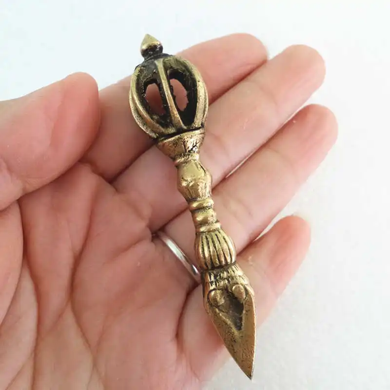 Tibetan Handicrafts Buddhist Vajra Pestle Amulet Mini Dorje Crafts Golden Brass 3'' TBC987