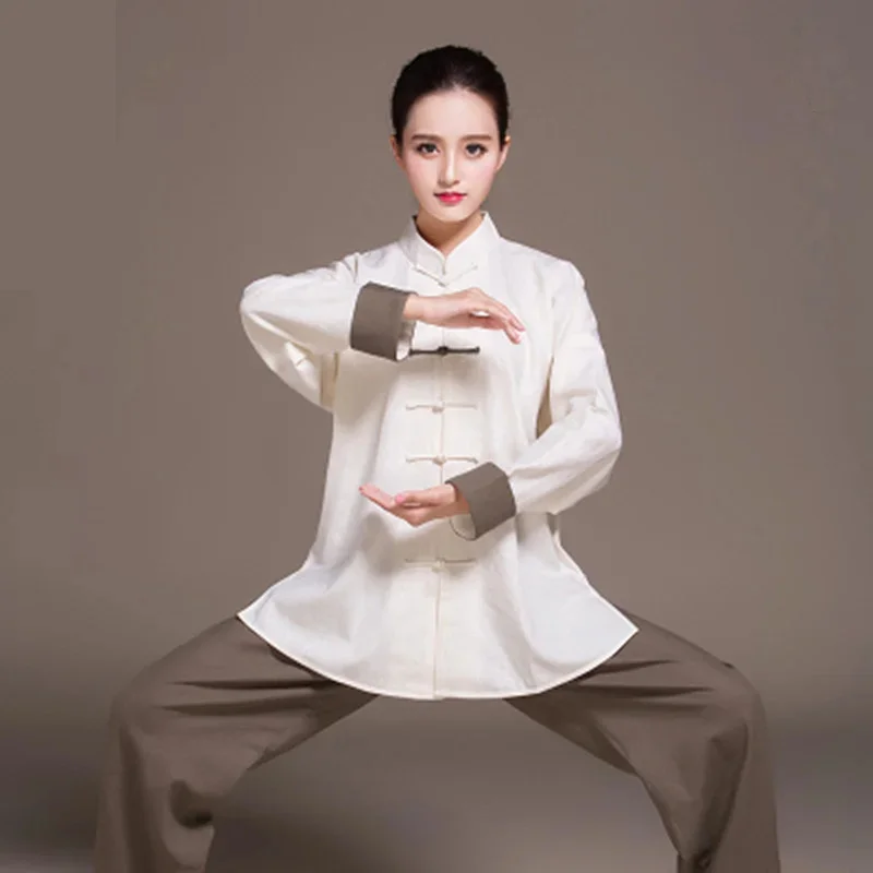 Women Linen Wushu Training Clothing Bi-color Taiji Suit Female Kung Fu Uniform Martial Arts Tai Chi Jiu Jitsu Long Sleeve Set