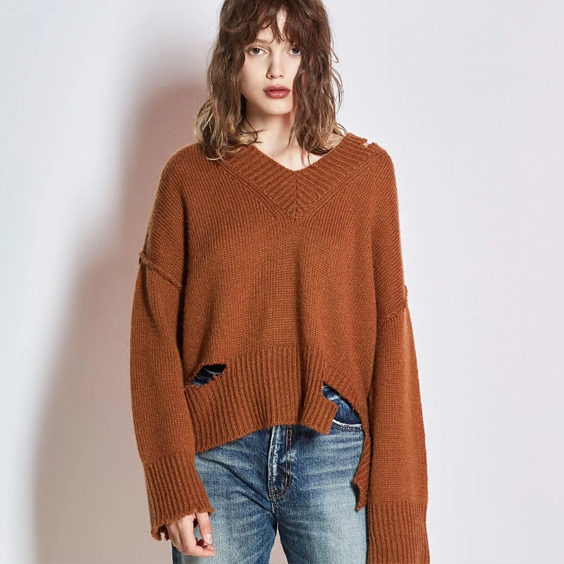 

Серия Arley, весенний новый свободный ленивый Sle, морской вязаный свитер с отверстиями, женский вязаный свитер с v-образным вырезом, удобный женский топ