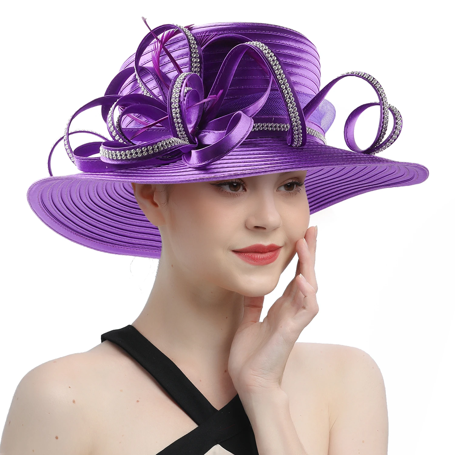 Multicolor Satin Cloth Rhinestone Church Hat Elegant Photography Top Hat Fashion Female Banquet Fascinator Wedding Formal Hat