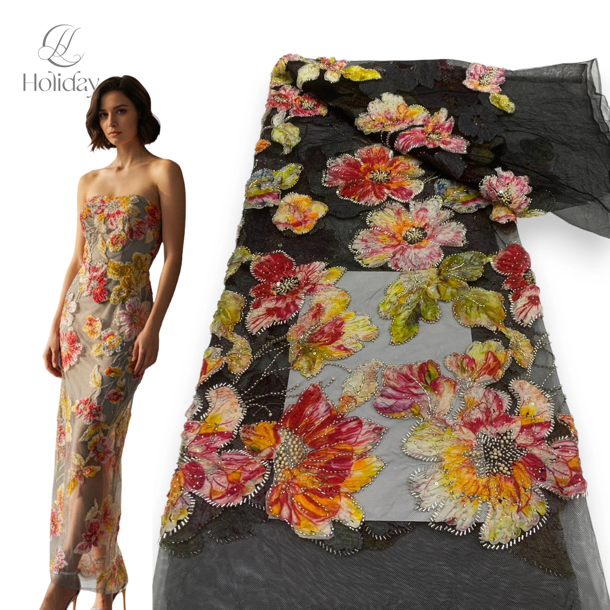 

African Chiffon Tulle Lace Fabric French Luxury Sequins Beads Mesh Lace Fabric Nigerian For Woman Evening Clothes Dresses