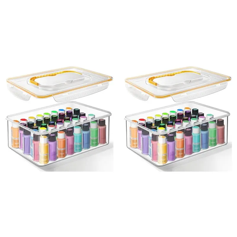 QWE-2X Acrylic Paint Storage Box For 2 Fl. Oz Acrylic Paints, 48 Bottles Capacity, Brushes Craft Organizer With Handle