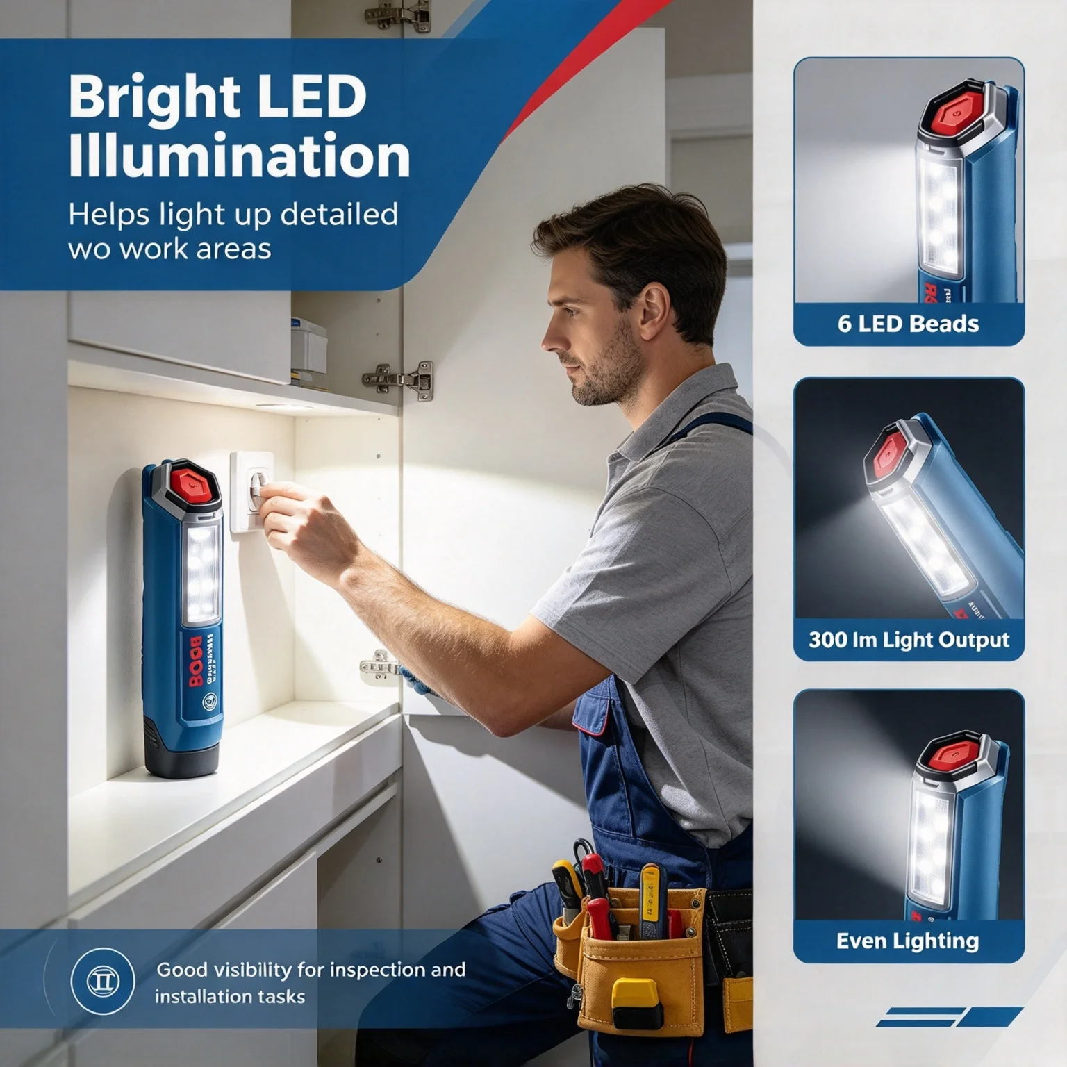Bosch GLI 120-LI 12V Cordless Work Light Bare Tool, 300 Lumens 6 LED Handheld Lamp Woodworking Indoor & Outdoor