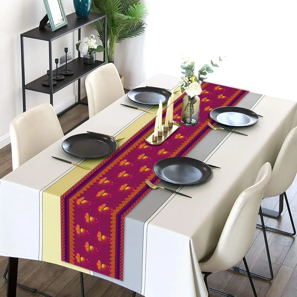 Happy Diwali Indian Festival of Lights Linen Table Runner Party Decor Reusable Kitchen Dining Table Runner Diwali Decorations