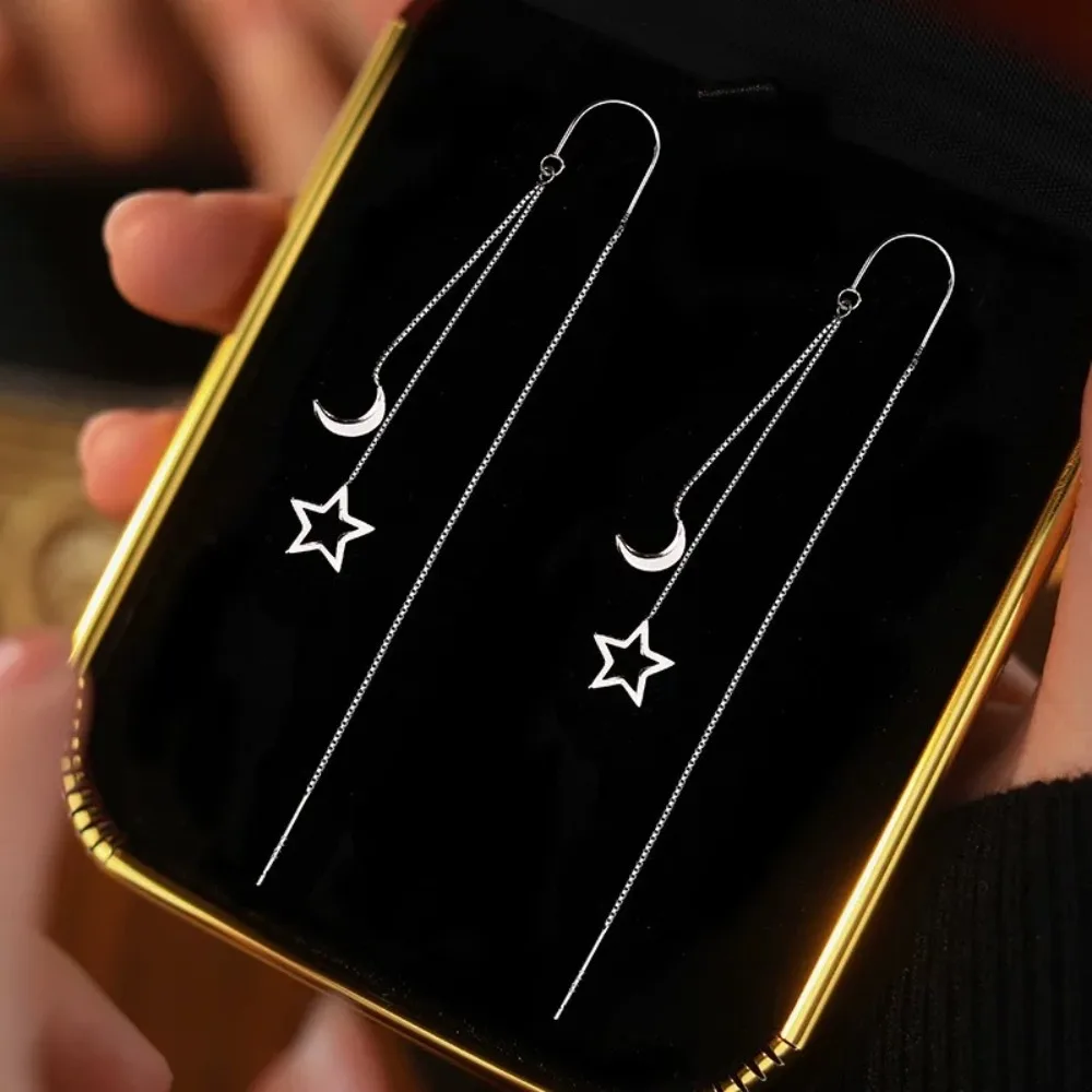 Korea Temperament 925 Sterling Silver Hollowout Five-pointed Star Moon Long Tassel Ear Wire Dangle Earrings for Women Jewelry