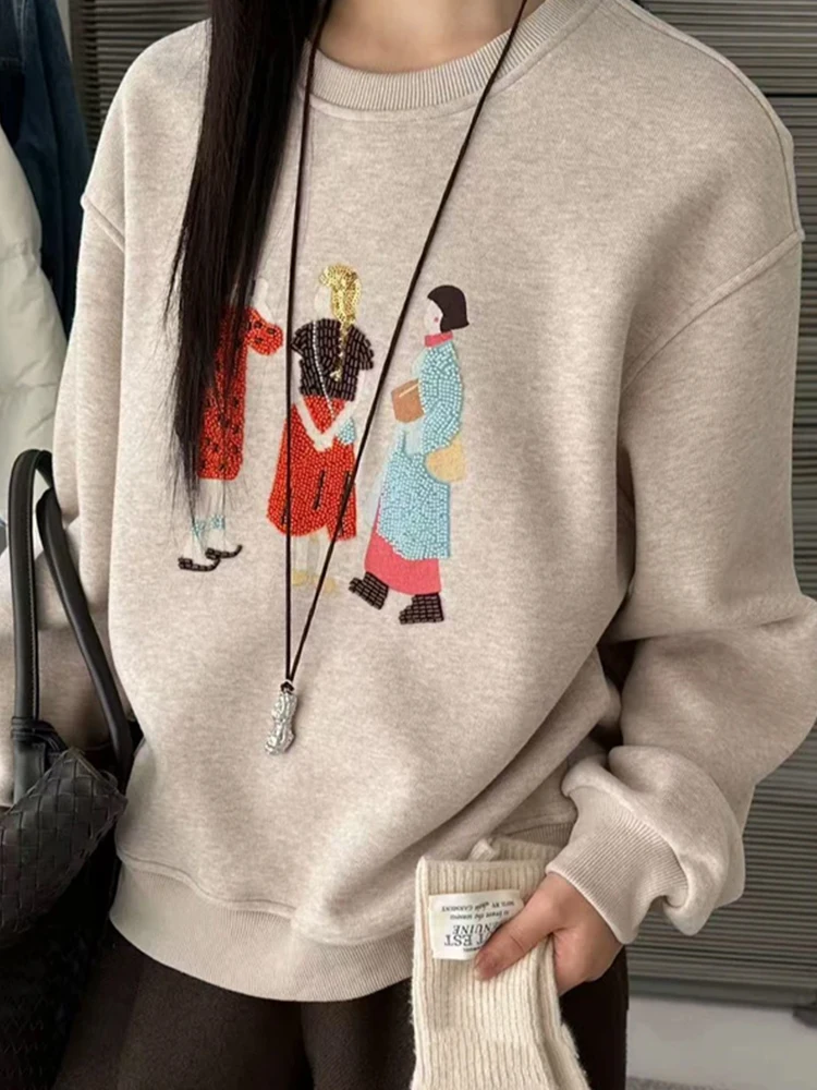 

Свитшот с ретро-принтом, круглый вырез, свободный крой, повседневный универсальный топ для коррекции фигуры, для ежедневной носки, осень-зима, женская мода