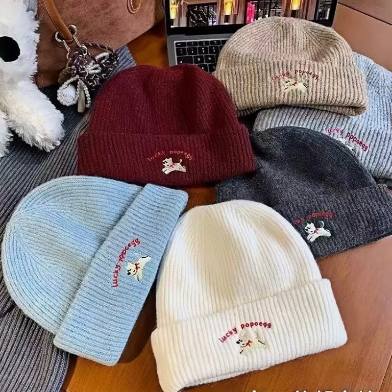 Cute Beanie Hat 3D Dog Embroidery for Winter Warmth Women Teens Thermal Knit Skull Cap Soft Acrylic Cotton Blend Casual