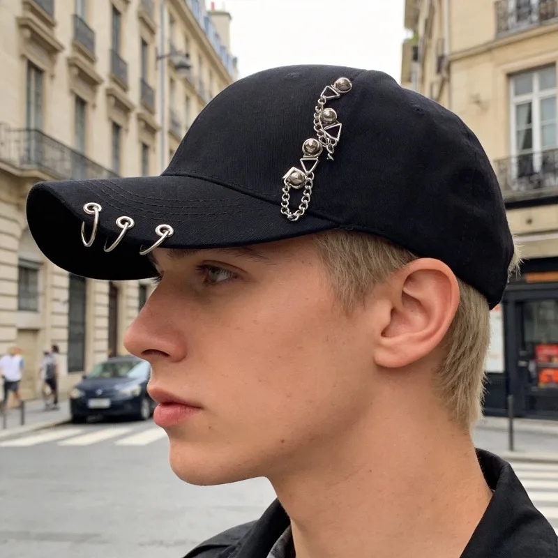 Trendige schwarze Baseballkappe mit drei Ringen und Nieten, Sommer-Sonnenhut für Damen und Herren