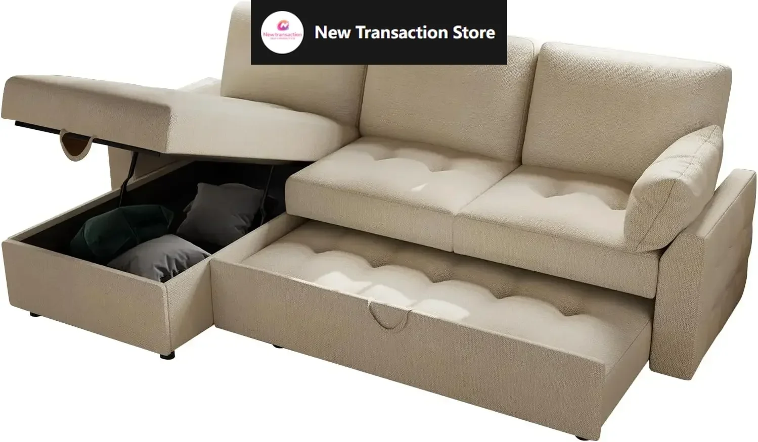 

Pull Out Sofa Bed, Modern Tufted Convertible Sleeper Sofa, L Shaped Couch, Chenille Sectional Bed for Living Room (Beige)