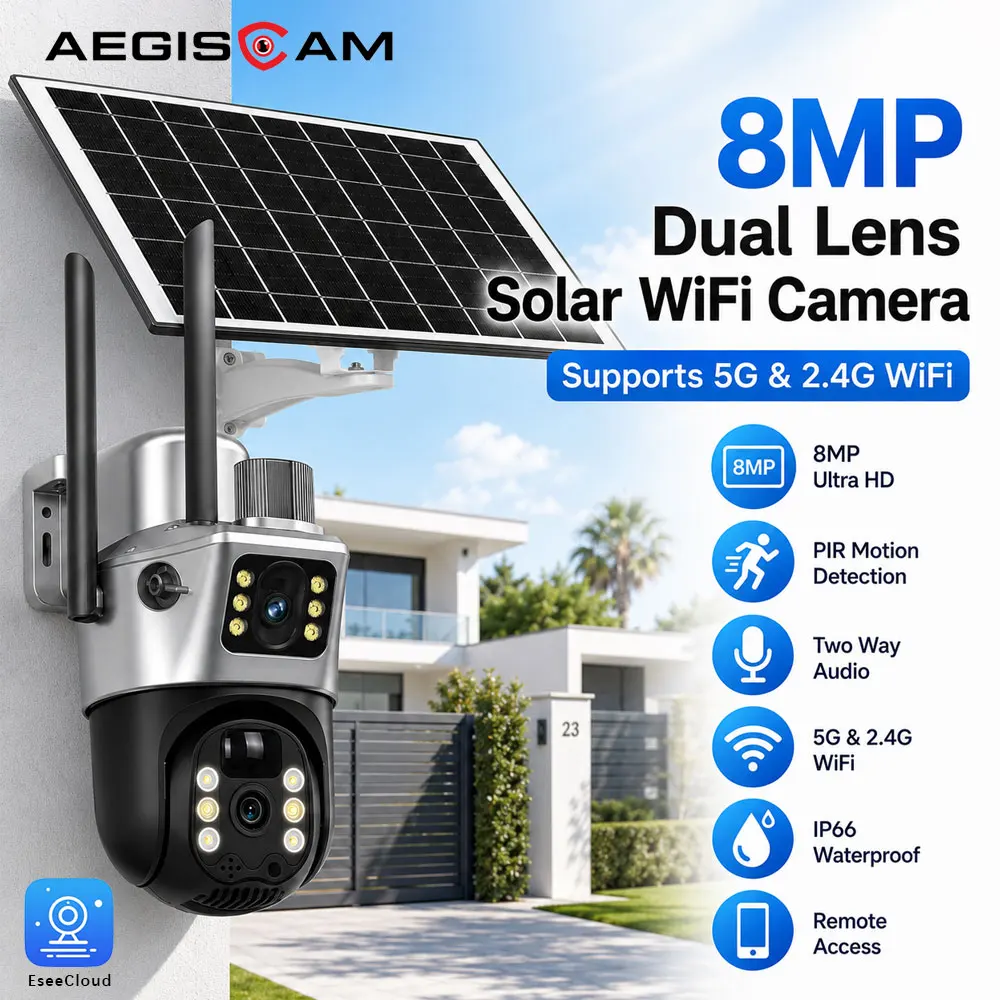Caméra IP WiFi solaire 8MP à double objectif, caméra de surveillance de sécurité extérieure PTZ avec réseau sans fil 5GHz et 2.4GHz, détection de mouvement PIR, interphone bidirectionnel, résistance aux intempéries IP66, surveillance à distance par application pour la protection de la cour, du garage, du jardin, de la villa, du magasin et de la maison