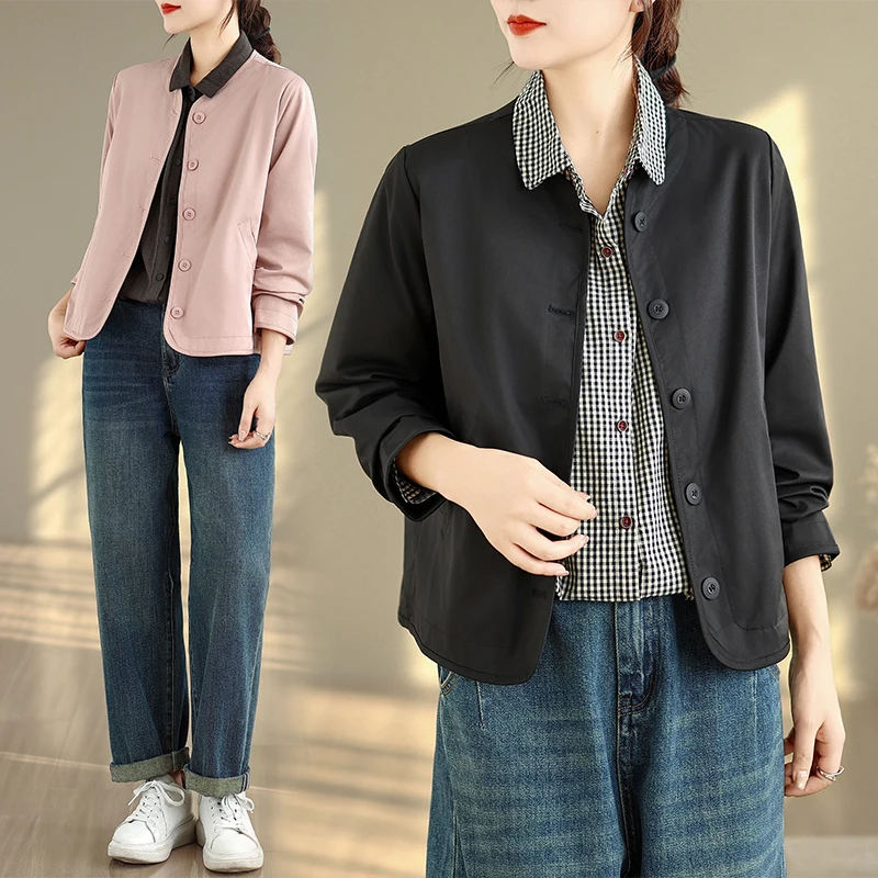 Hohe Qualität Frühling Herbst Damen Jaet Einfacher vielseitiger Stehkragen ort Sle Faionable Top Polyester Baumwollmischung