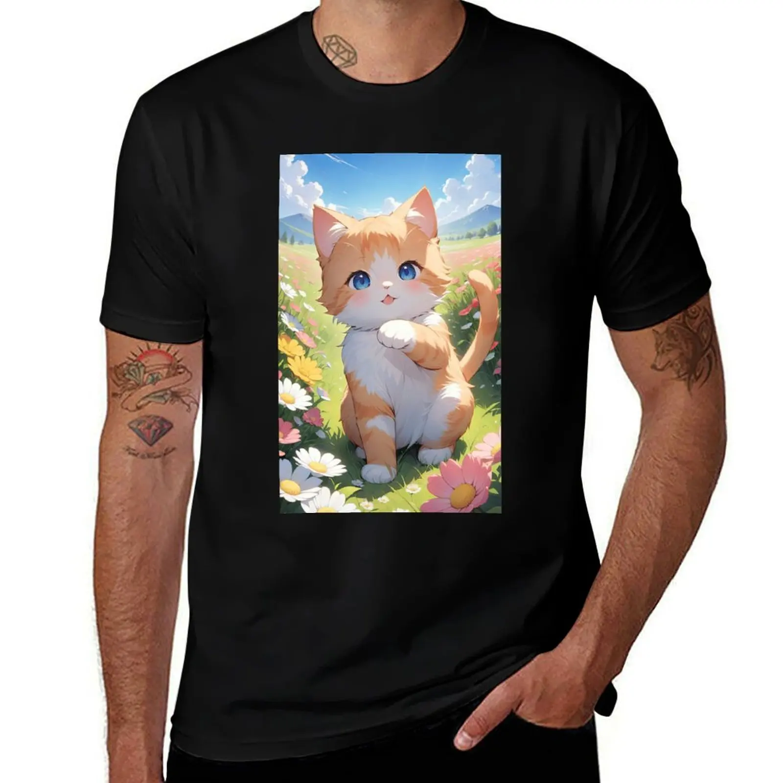 

Cute kitten on a flower meadow T-Shirt oversized oversizeds man t shirt mens graphic t-shirts