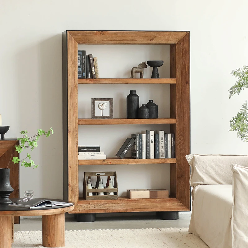 1. Wind color-blocked solid wood bookcase, shelf, floor-to-ceiling, black oak veneer, log, vintage old pine bookcase