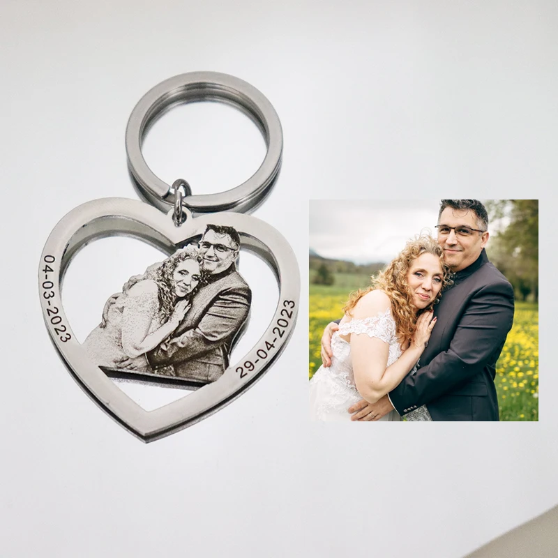 Personalisierter Paar-Foto-Herzanhänger Schlüsselanhänger aus Edelstahl mit Bildgravur für Familie, Individueller Text und Name als Geschenk