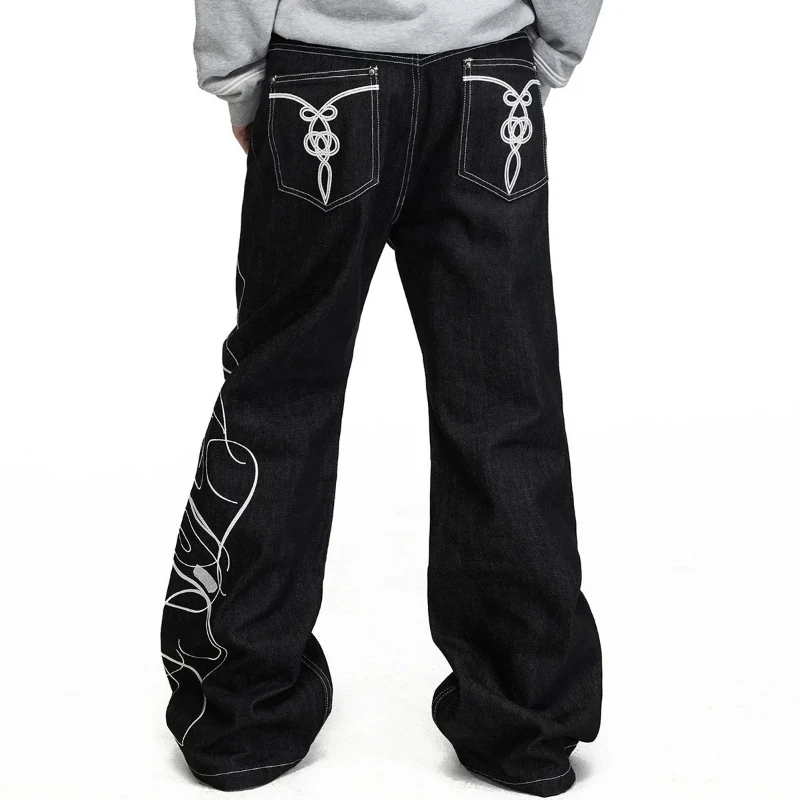 Y2K Retro Napoleonic Flared Jeans Chinese Knot Embroidered Raw Denim Jeans Rope Knot Motif Trendy Streetwear Women Baggy Pants