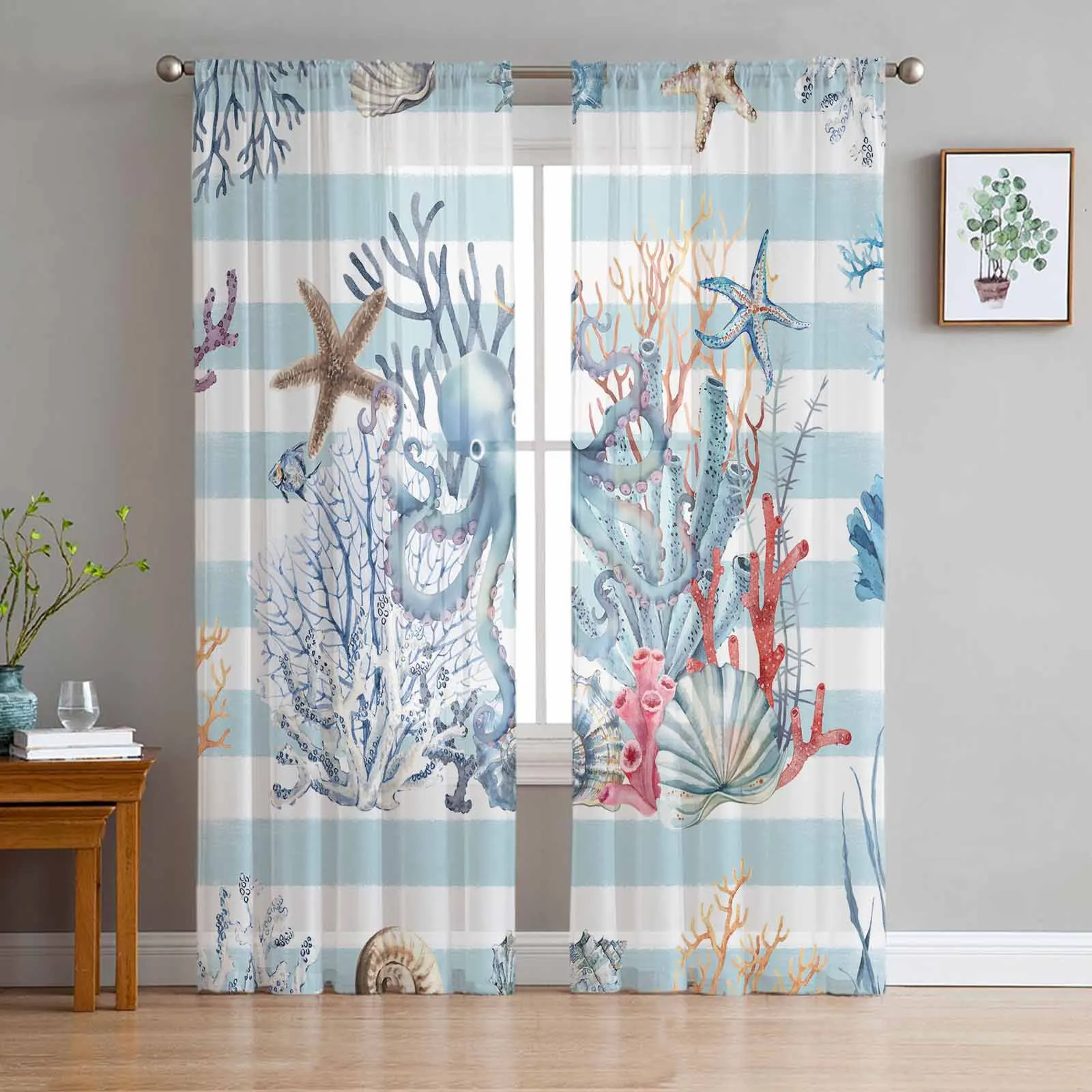 

Ocean Blue Striped Coral Starfish Shell Conch Octopus Sheer Curtains for Living Room Home Window Voile Tulle Curtain Drapes