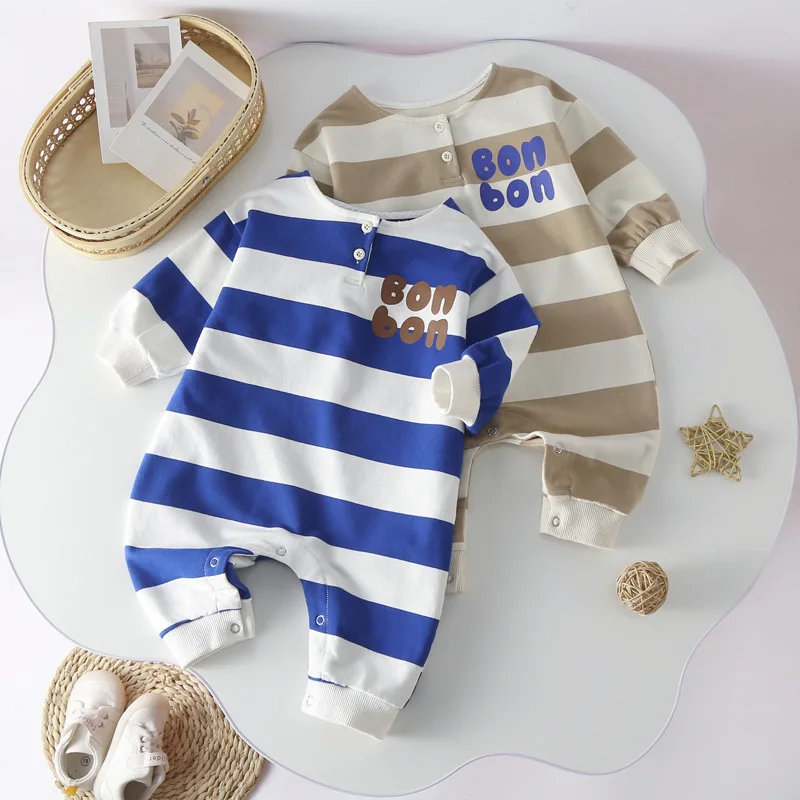 

2025 New Korean Children's Clothing Baby Stripe Crawler Clothing Autumn Clothing, Baby Jumpsuit Baby Long Sleeved Ha Yi
