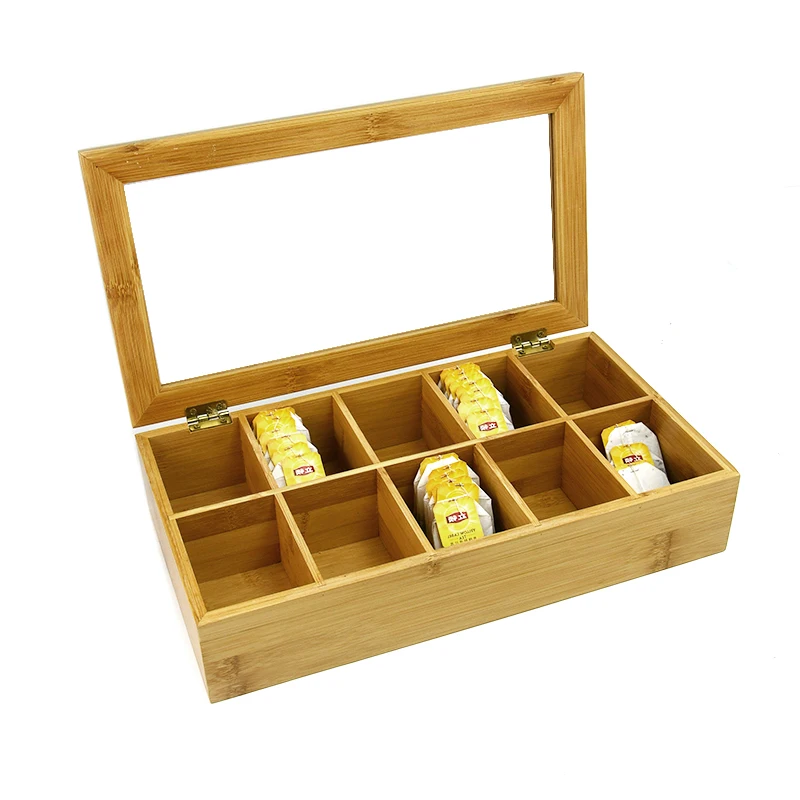 8-Compartment kitchen storage natural bamboo Tea Box with clear Lid