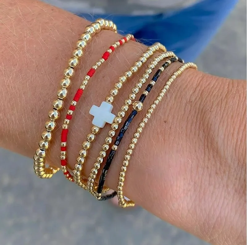 

VKVVA Fashion Jewelry Gold-plated Bead and Red & Blue Glass Tube Bracelet Set total 6pcs Women Birthday Gifts