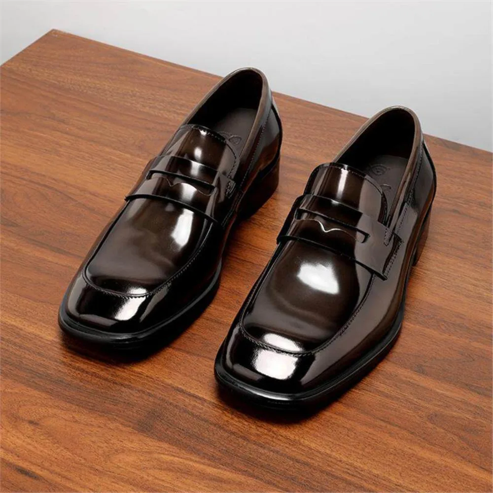 New Summer Genuine Leather Bright Face Men's Formal Leather Shoes Loafers Slip on Wide Square Toe Dress Shoes for Men