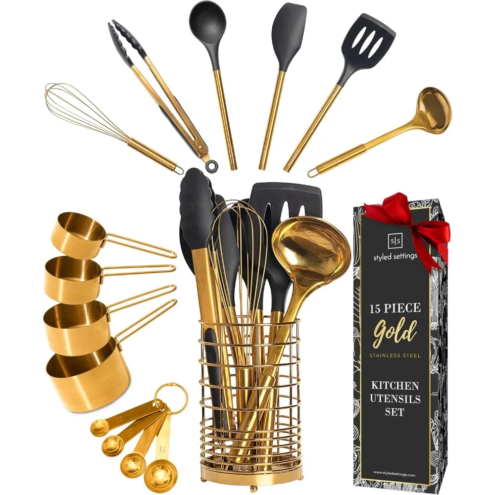 

Styled Settings Black and Gold Kitchen Utensils Set - 15 Piece Gold Utensils Set Includes Non-Stick, BPA-Free, Black Silicone