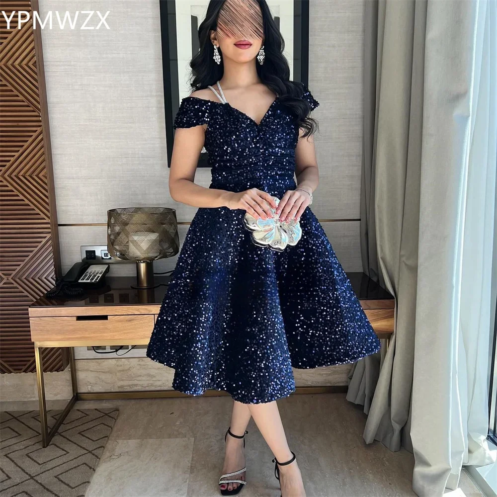 YPMWZX-Robe de Soirée Personnalisée pour Femme, Tenue de Bal Formelle, à Épaules Dénudées, Jupe Trapèze, Longueur Thé, à Paillettes Drapées, pour Occasions sur Mesure