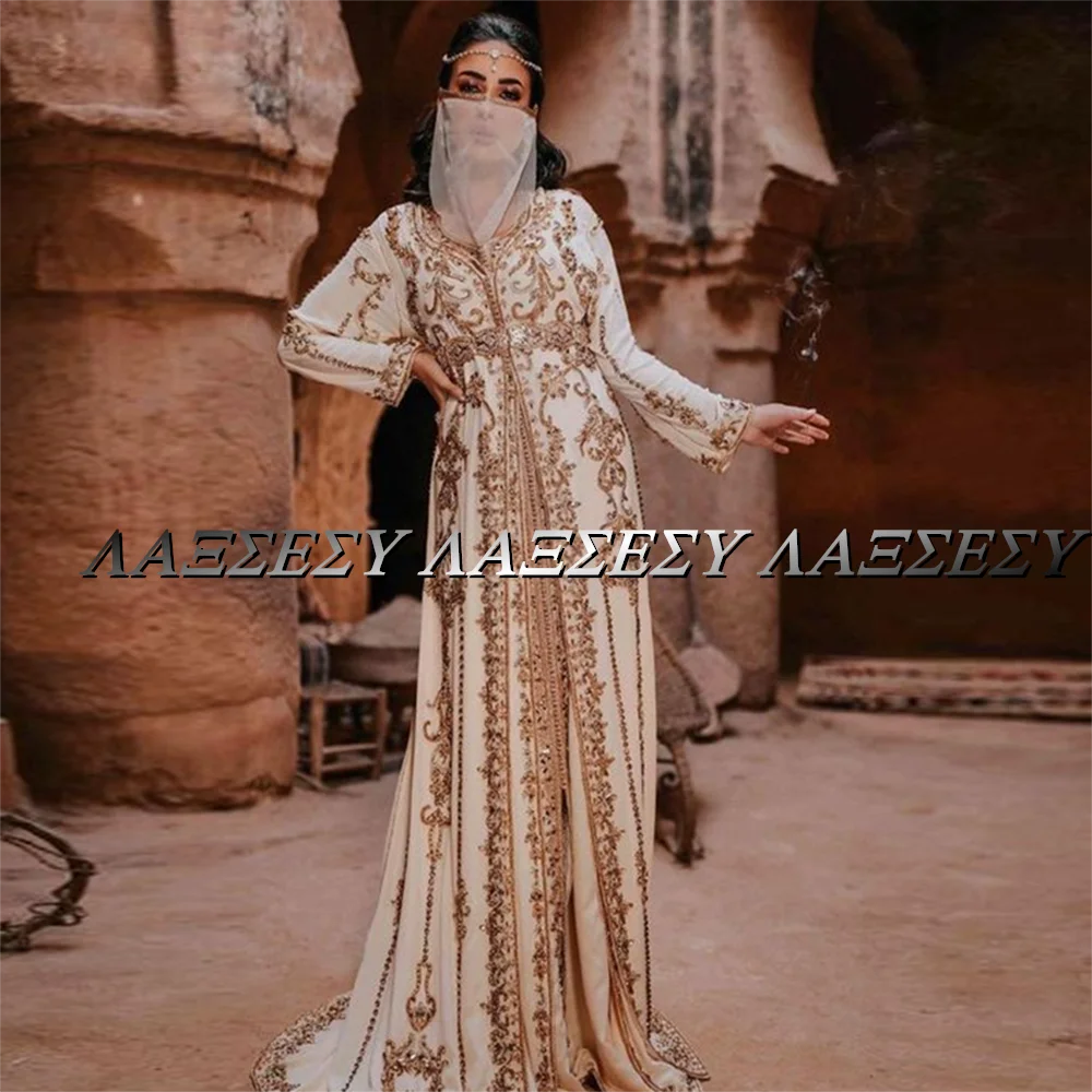 Laxsesu Muslim Long Evening Dresses Full Sleeves Appliques Moroccan Caftan Saudi Arabia Prom Dresses 2022 Formal Prom Gowns