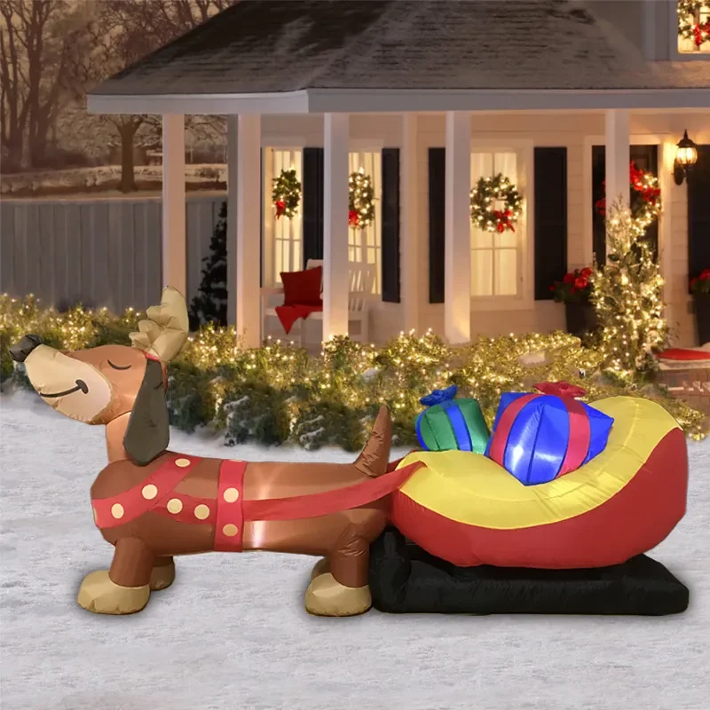 8FT Cross-Border Christmas Inflatable Air Mold Dachshund Pulling Sled Glowing Festive Garden Ornament Ornament