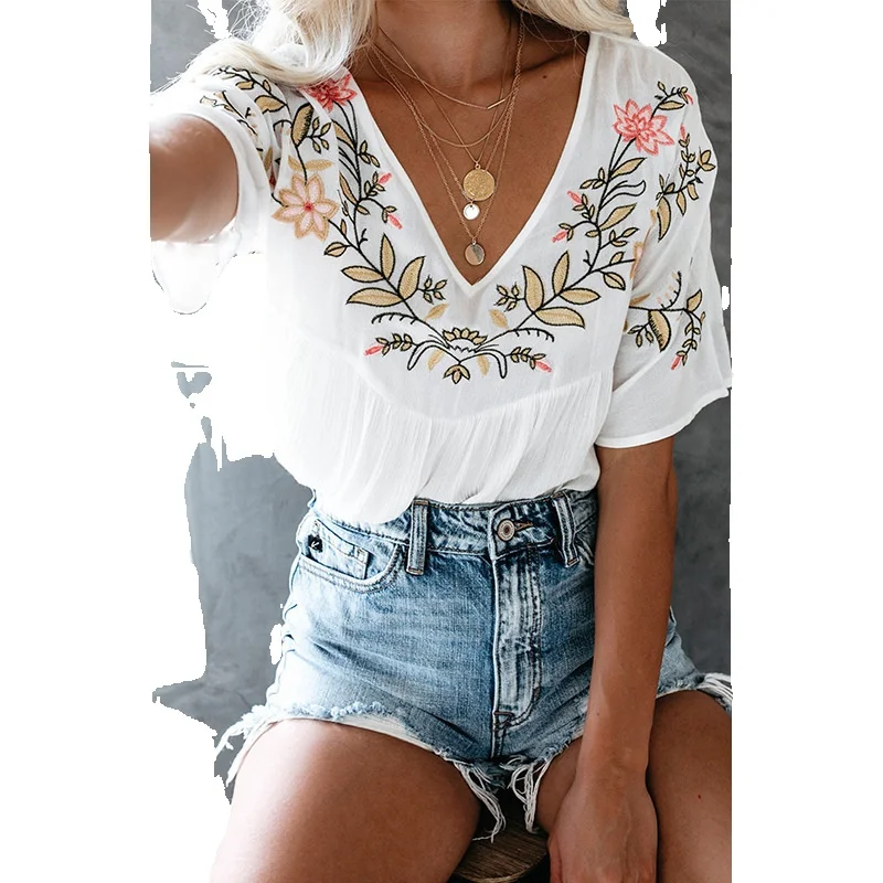 

Bohemian Style White Floral Embroidery V-Neck Wrinkled Doll Shirt For Women's Clothing