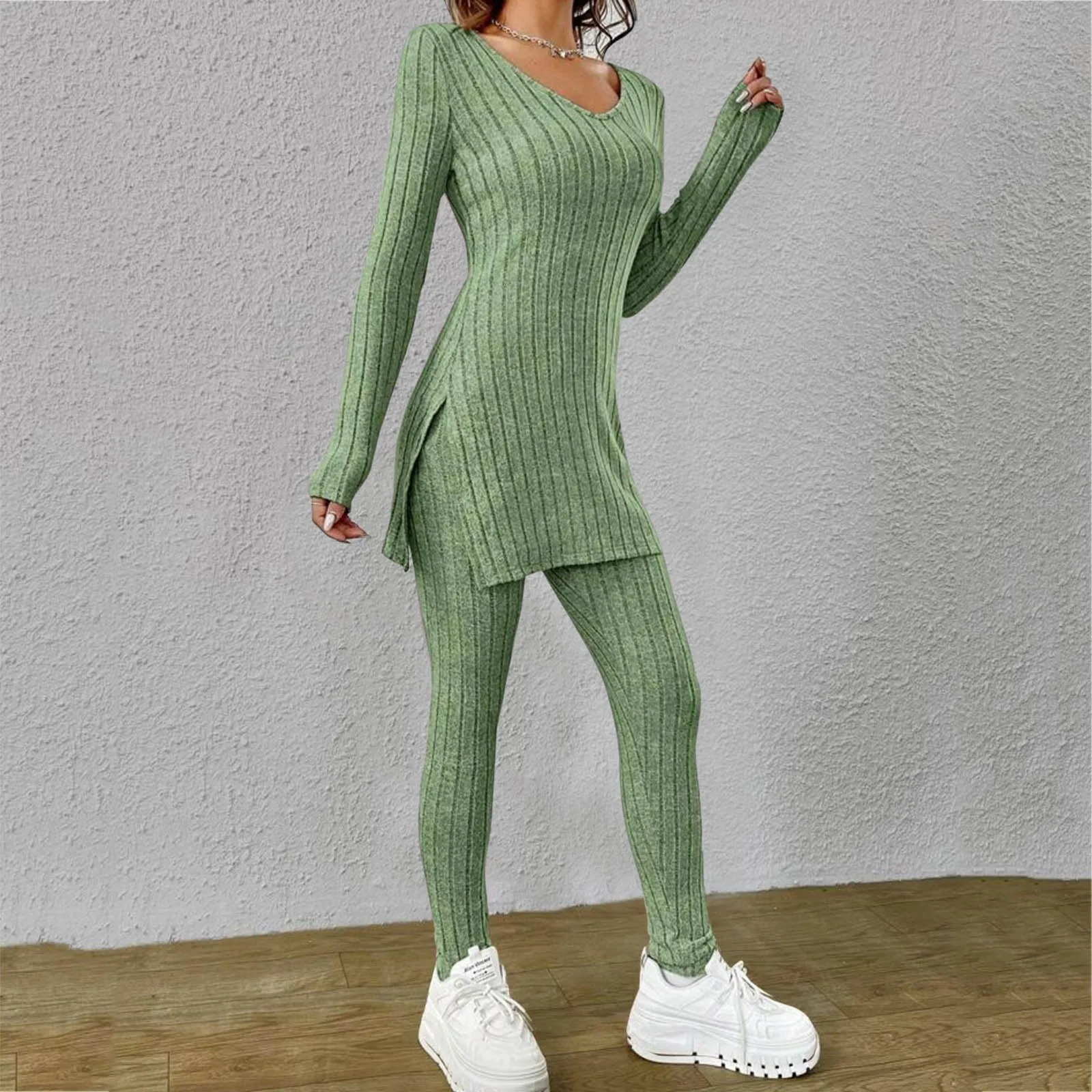 Autumn Winter 2 Pieces Set Women Knitted Solid Long Sleeve Sweater Tops Slim Fit Pants Sets Fashion Elegant Warm Trousers Outfit