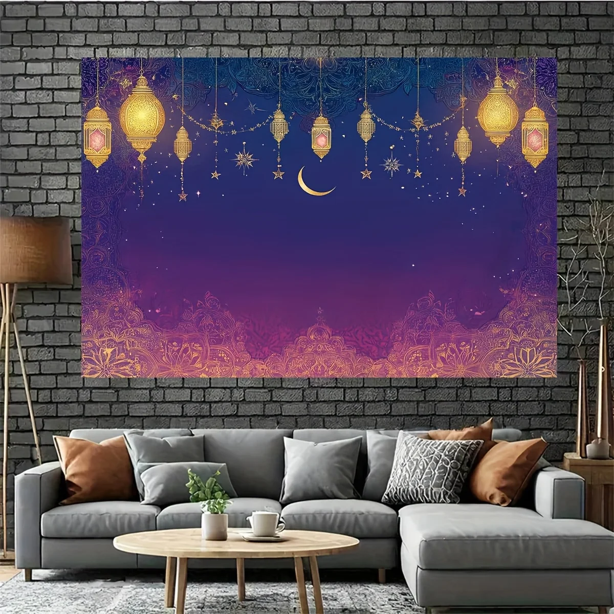 لافتة خلفية رمضان - فوانيس ذهبية معقدة وتصميم قمر الهلال على التدرج الأزرق الداكن إلى الأرجواني