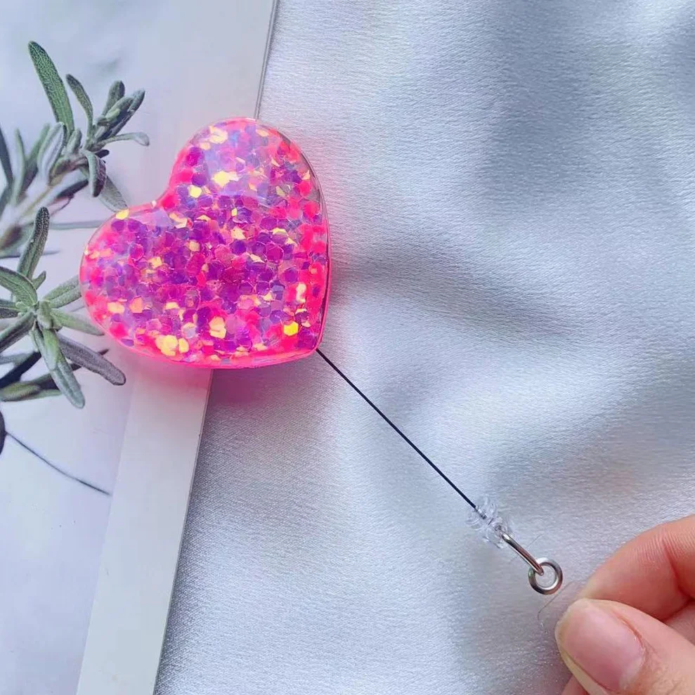 Sequin Heart Retractable Badge Reel Lanyards ID Name Card Badge Holder Nurse Pink Employee Card Alligator Clip Office Supplies