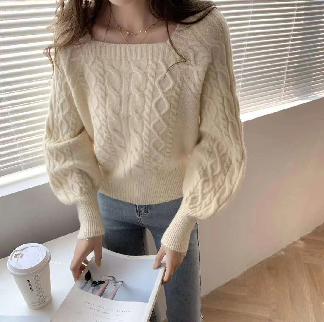 

Square Neck Knitted Sweater Long Sleeve Cable-knit Crop Jumper Women's Pulover Teen-girl Fall Winter Vintage Outfit