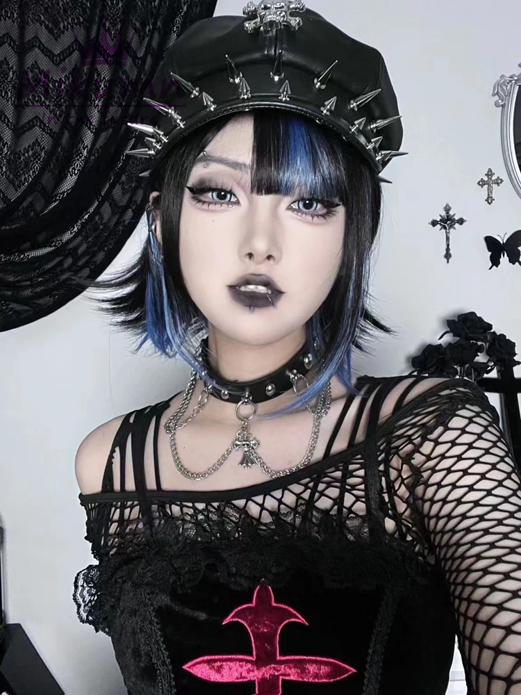 Miumn Harajuku Punk Style PU Leather Beret Hats Dark Gothic Grunge Skull Rivet Casual Black Caps Rock Chic Streetwear