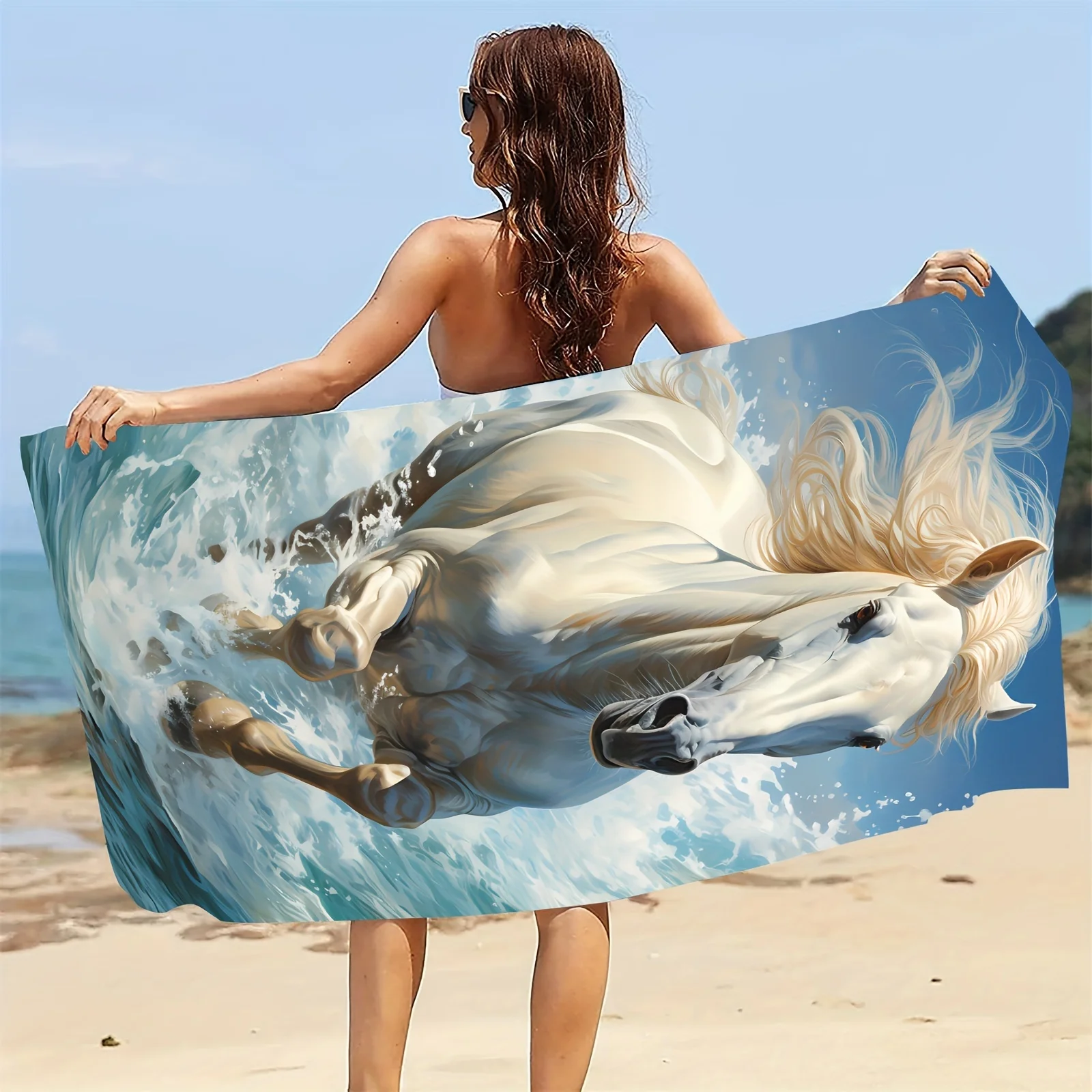 White Horse Print Beach Towel Microfiber Quick Dry Sand-Free Lightweight Bath Towel for Swimming Surfing Sunbathing