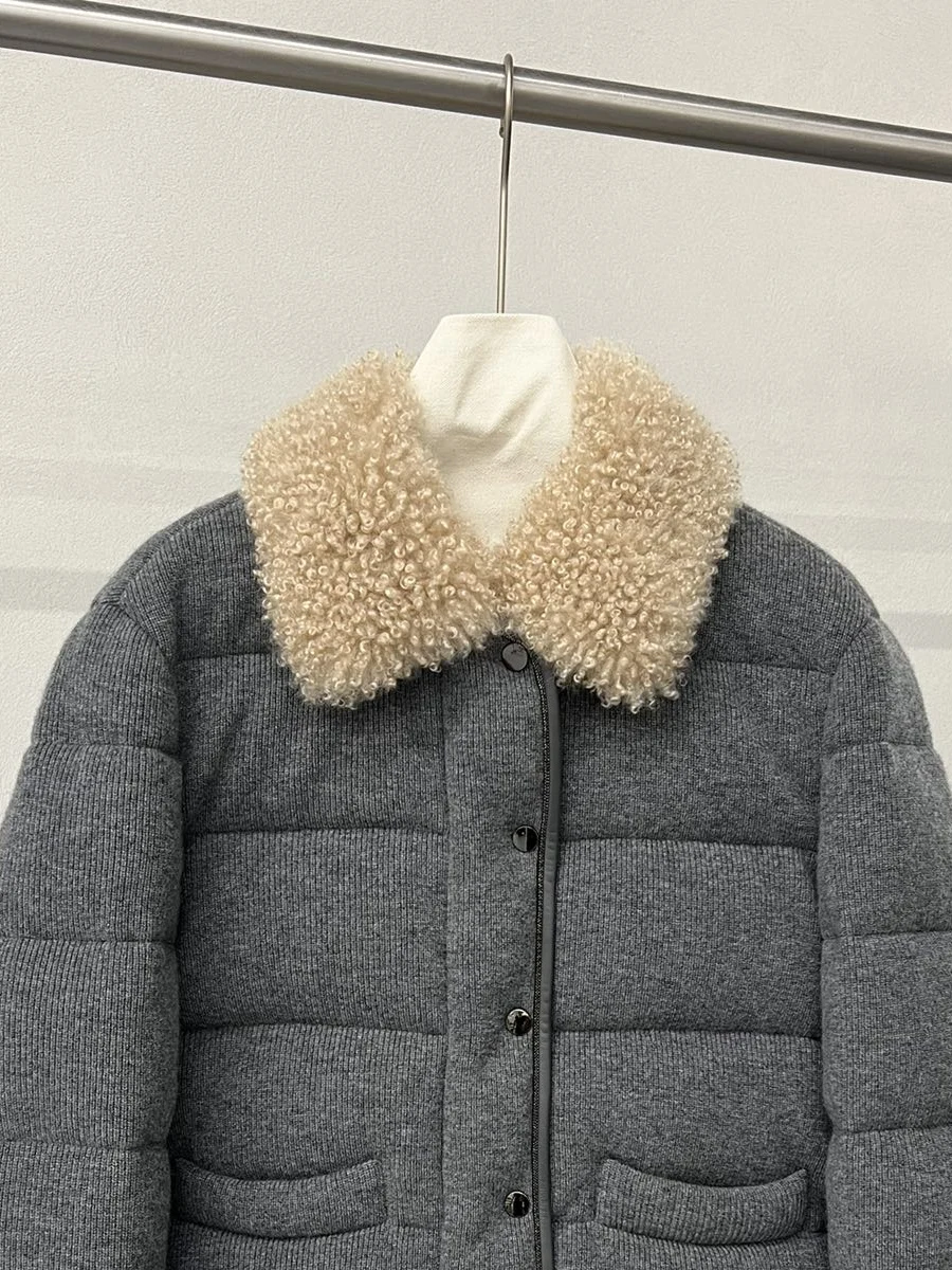 Women'S Wool Knitted Lapel High-Quality White Goose Down Down Jacket Short Casual Jacket Comfortable And Warm