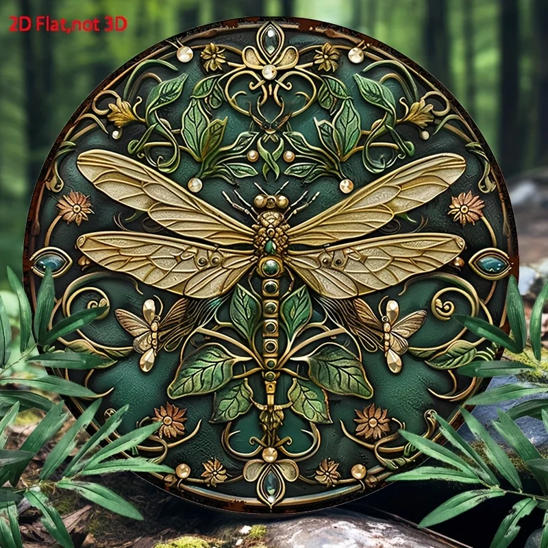 This image showcases a vintage-style round metal wall art centered around a golden dragonfly motif, set against a rich emerald g