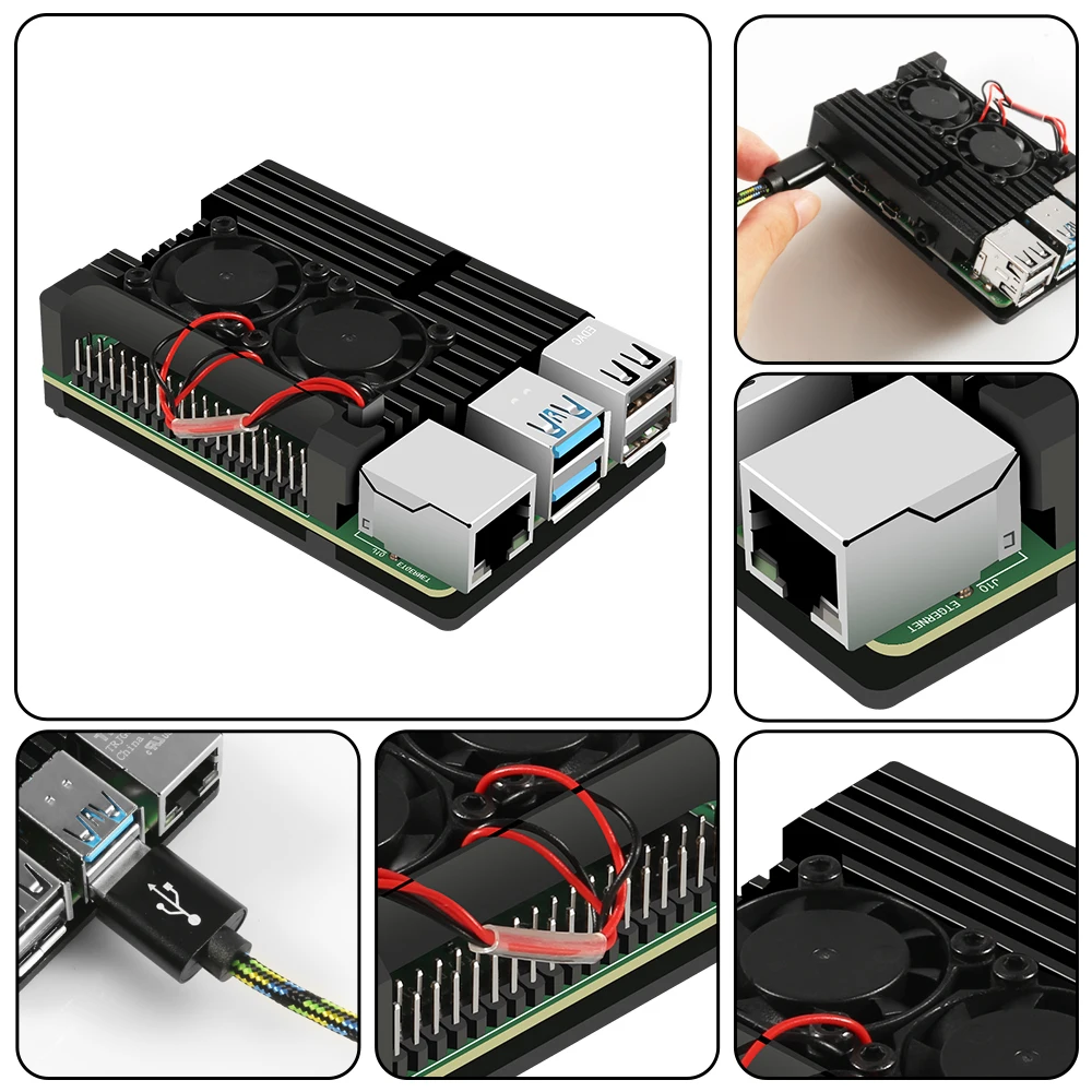 Raspberry Pi 4 Model B Dual Fans CNC Aluminum Alloy Case Shell with Heat Sinks for Raspberry Pi 4B