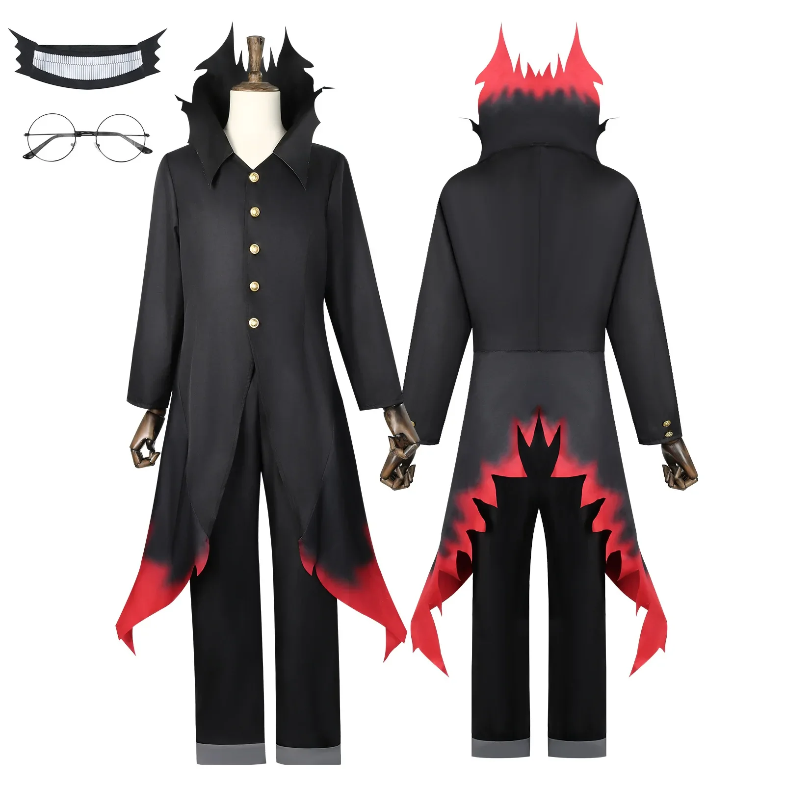 

Ken Takakura Okarun Dandadan Cosplay Costume Wig Mask Glasses High Necked Trench Coat Black Momo Ayase Halloween Party Suit